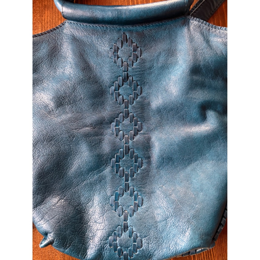 Vintage Latico Teal Leather Handbag Whipstitch Crossbody Tote Geometric Detail - Picture 15 of 17